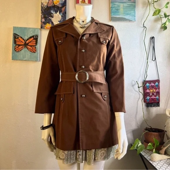 American Vintage Brown Double-Breasted Belted Trench Coat - Picture 6 of 12